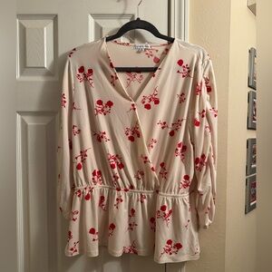 Like New, Ophelia Roe Faux Wrap Red and Cream Floral Peplum Top - Size XL
